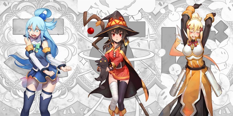 Kono Subarashii Sekai ni Shukufuku wo!, Megumin, chomusuke, Aqua (KonoSuba), Darkness (KonoSuba), collage, anime, anime girls, witch hat, arms up, fantasy girl, blue hair