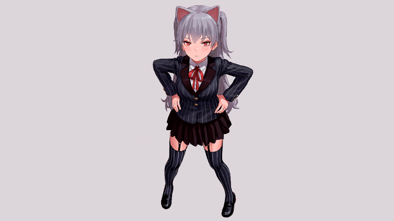 anime, manga, anime girls, schoolgirl, simple background, minimalism, nekomimi, silver hair, gray hair, stockings, cat ears