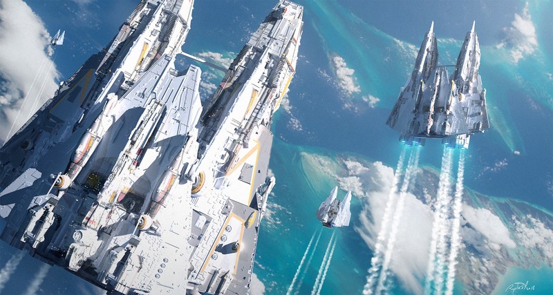 spaceship, science fiction, digital, concept art, Raphael Lacoste, cyan