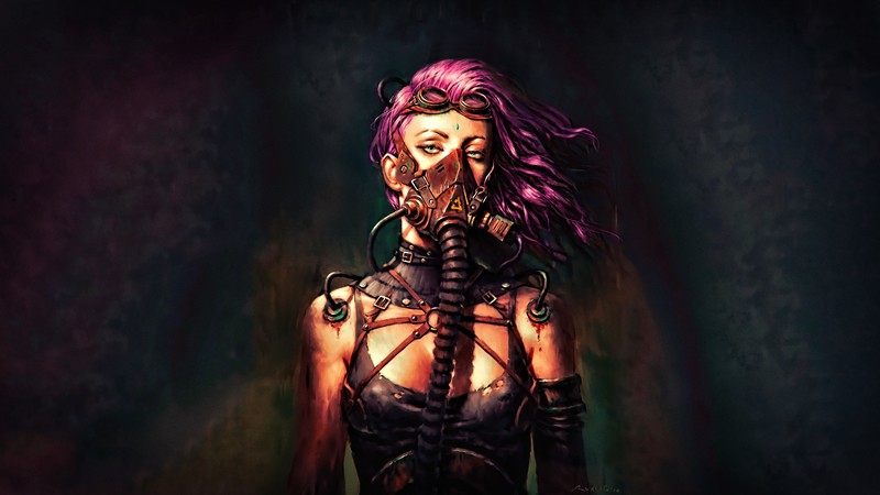 night, artwork, cyber, science fiction, digital art, concept art, fantasy art, futuristic, women, dark, purple hair, steampunk, dark background