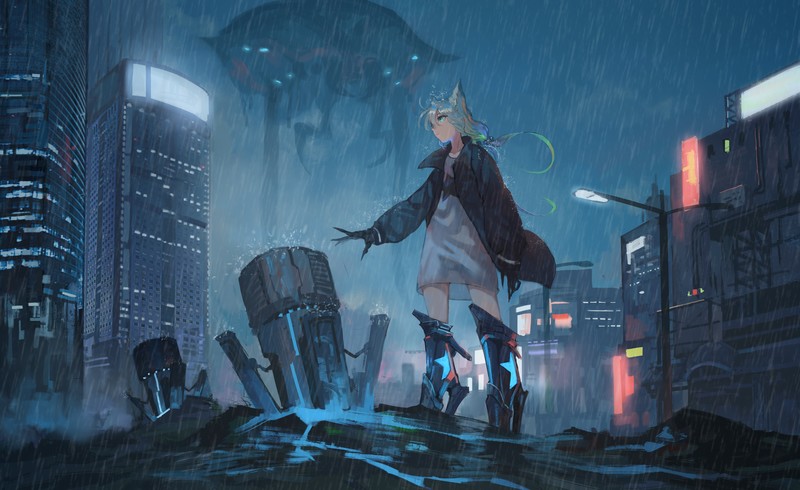 anime girls, anime, Gamers! (Series), dark, cityscape, rain