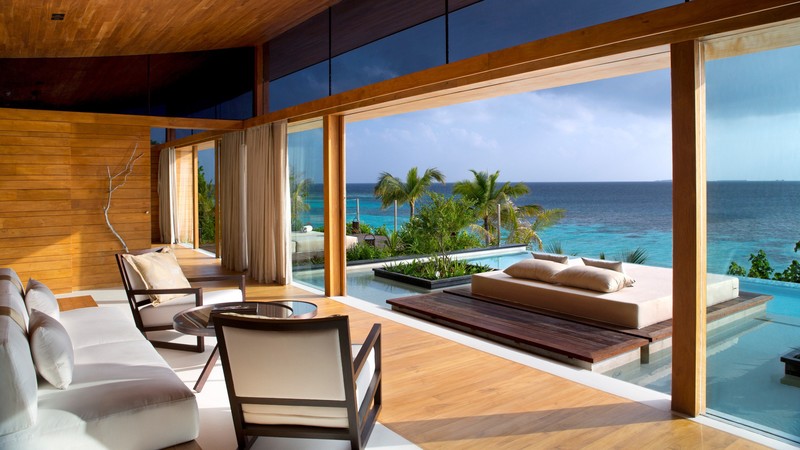 sea, luxury homes, beach, swimming pool, architecture, Maldives, tropical, resort, summer, palm trees