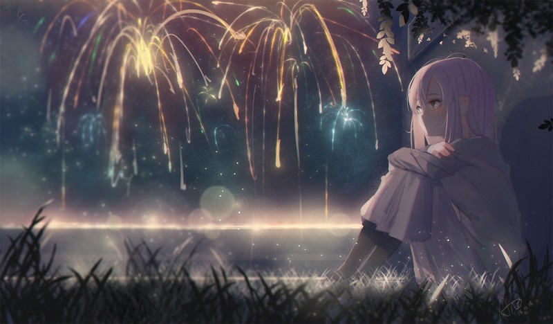 anime girls, anime, sitting, fireworks