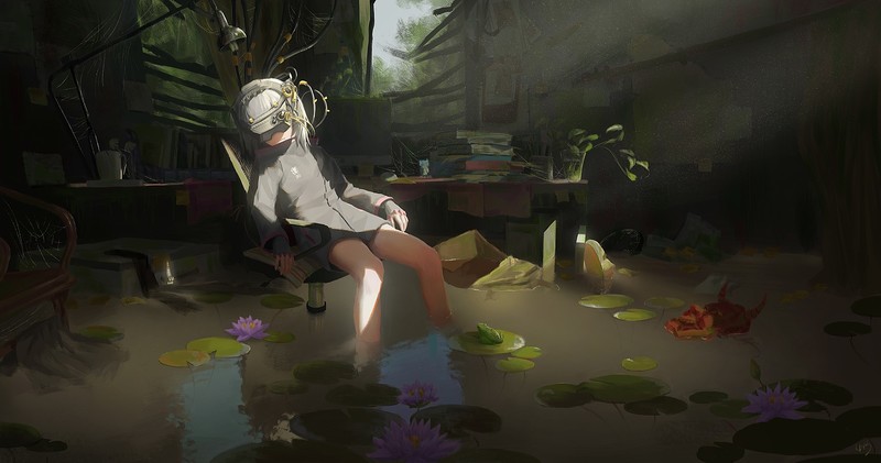 anime girls, anime, water, ruin, virtual reality