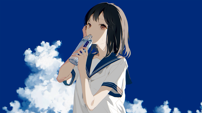 anime, manga, anime girls, simple background, minimalism, schoolgirl, short hair, clouds, blue, sky, drink, sailor uniform, brunette, blue background