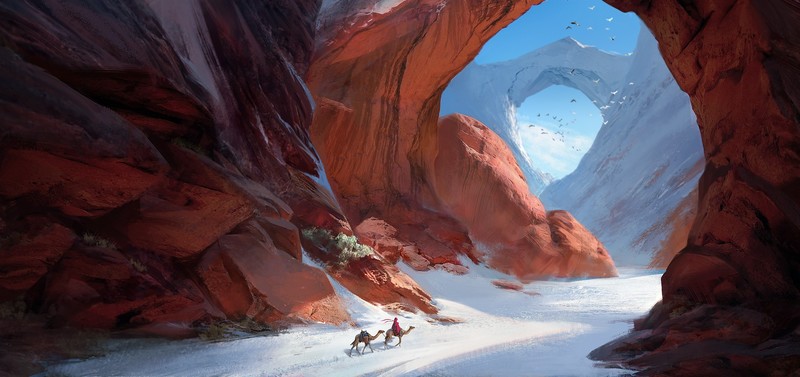 artwork, landscape, Tian Zi, mountains, mountain pass, snow, fantasy art