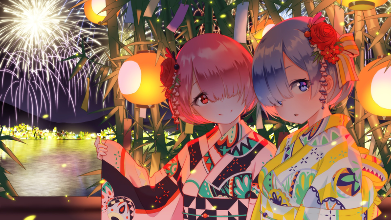 anime, anime girls, Rem (Re: Zero), Ram (Re: Zero), fireworks, yukata, Re:Zero Kara Hajimeru Isekai Seikatsu, pink hair, blue hair, Japanese Art, twins, fan art