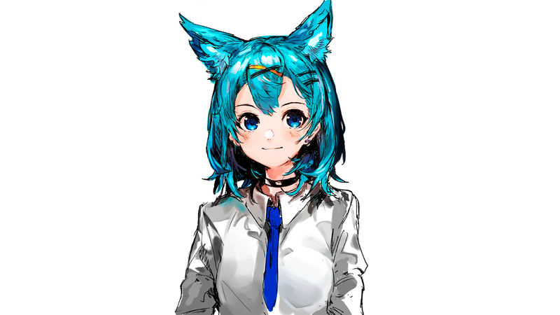 anime, manga, anime girls, simple background, minimalism, turquoise, turquoise hair, blue eyes, tie, nekomimi, cat ears