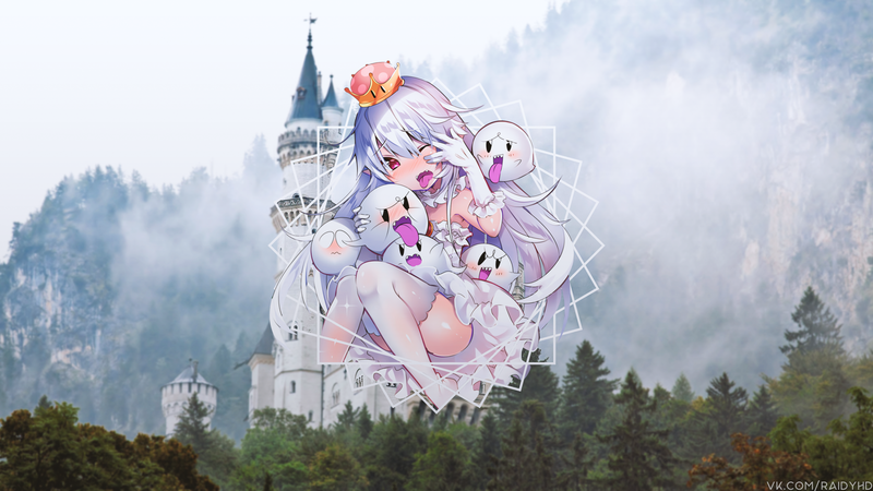 anime, anime girls, picture-in-picture, castle, tongue out, mario (series)