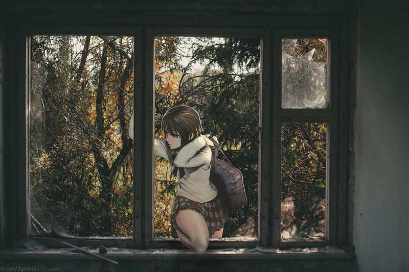 2D, anime, anime girls, window, miniskirt, brunette