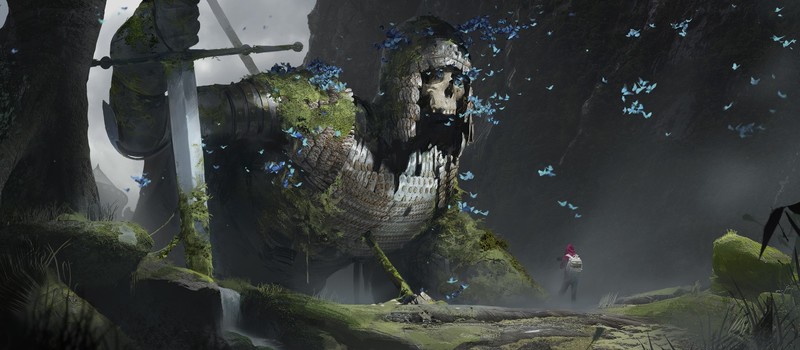 giant, butterflies, skeleton, sword, moss, mountains, mist, Armored, skull, fantasy art, Roman Kupriianov