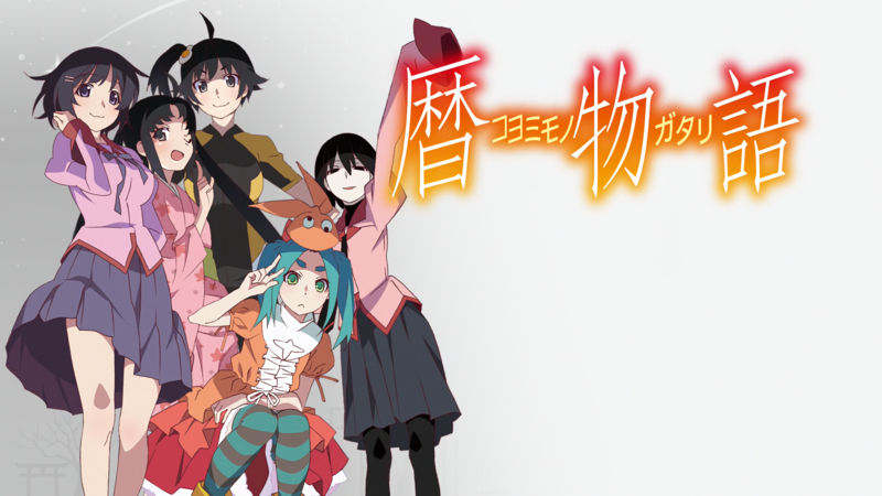 white, simple background, white skin, artwork, Monogatari Series, Ononoki Yotsugi, Oshino Ougi, Araragi Karen, grey, Araragi Tsukihi, Hanekawa Tsubasa, school uniform, anime girls, anime