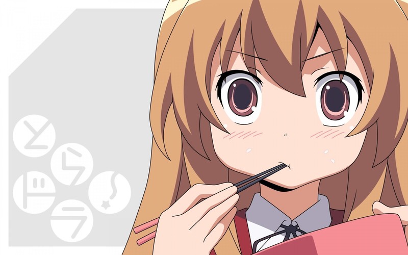white, simple background, white skin, artwork, Toradora!, Aisaka Taiga, grey, brunette, brown eyes, school uniform, chopsticks, anime girls, anime girls eating, anime