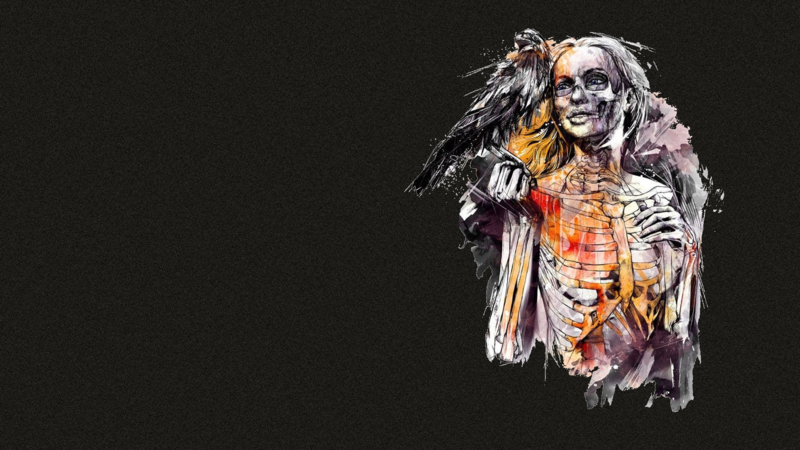 digital art, dark background, simple background, bones, fantasy girl