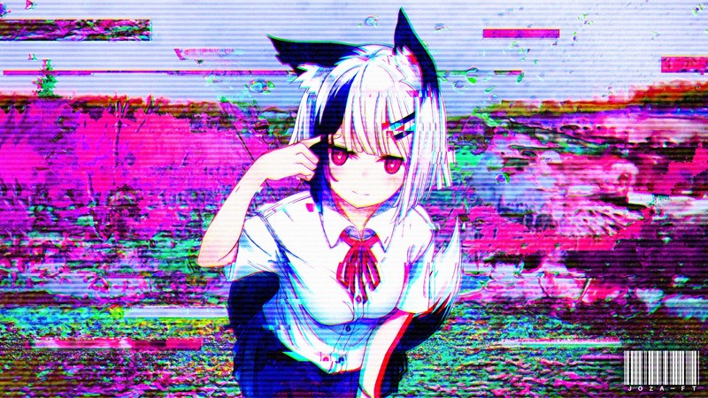 anime, anime girls, cat girl, glitch art, pink, artwork, digital art, simple