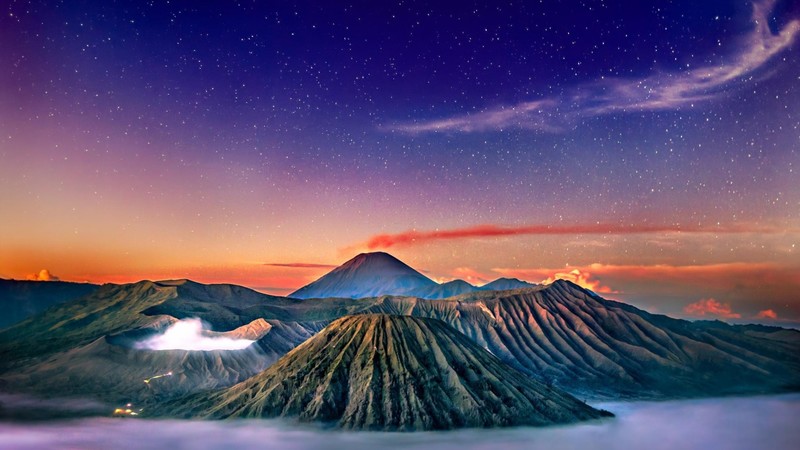 volcano, stars, landscape, Mount Bromo, Indonesia