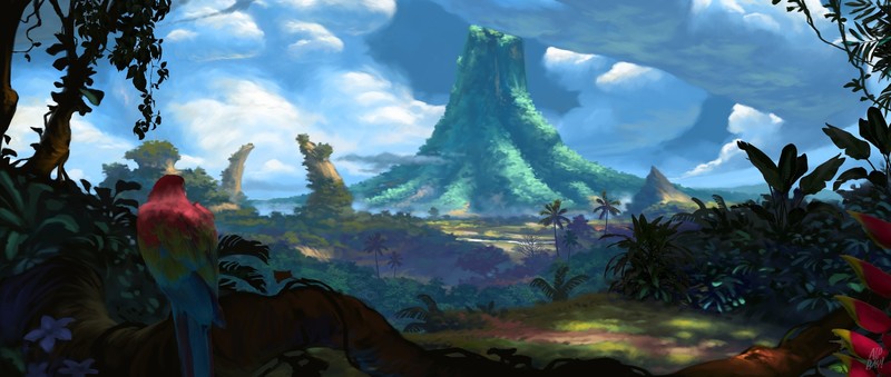 digital, nature, landscape, artwork, vulcan, island, parrot, Alfven Ato
