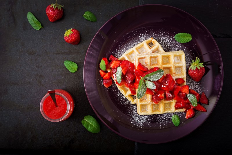 waffles, fruit, food, still life, strawberries, mint leaves, sugar, plates
