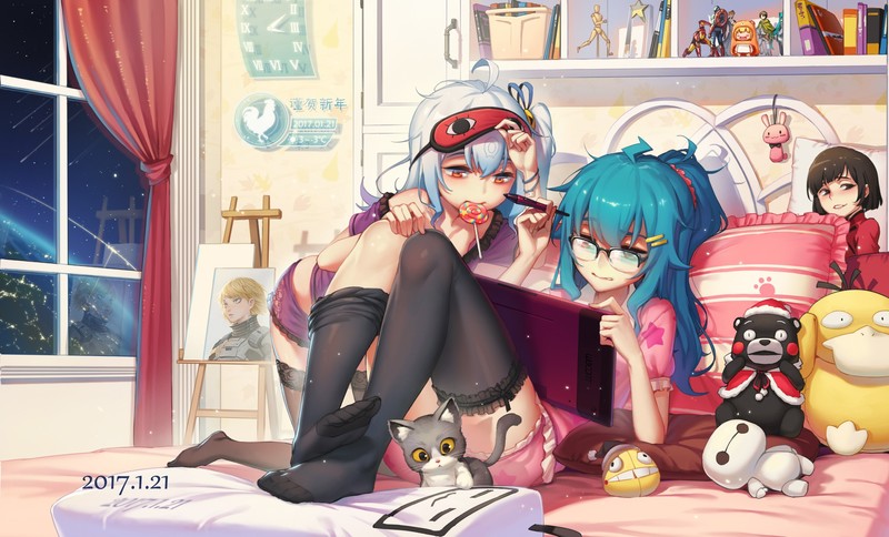 Vocaloid, Hatsune Miku, Bili Girl 33, cats, black legwear, silver hair