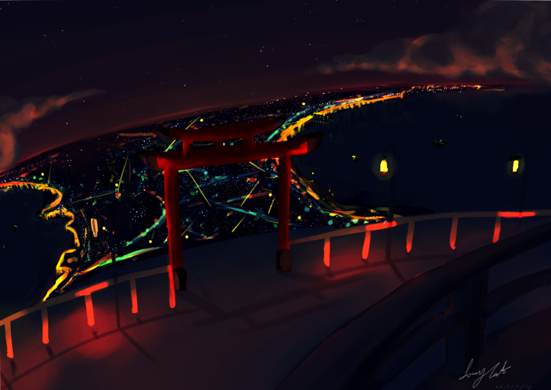 torii, gates, city, artwork, city lights, night, sky, lake, sea, stars, lights, river, digital art, clouds