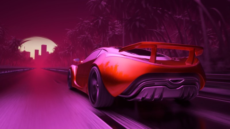 synthwave, artwork, car, vehicle, reflection