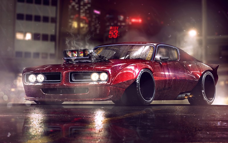 red, city, night, reflection, digital art, Dodge, wet street, adry53