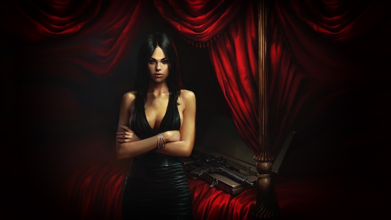 women, dark, artwork, Eldar Zakirov, black dress, cleavage