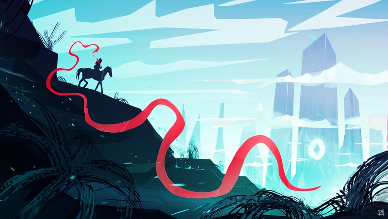 illustration, landscape, warrior, mountains, digital art, artwork, minimalism, Kvacm, cyan
