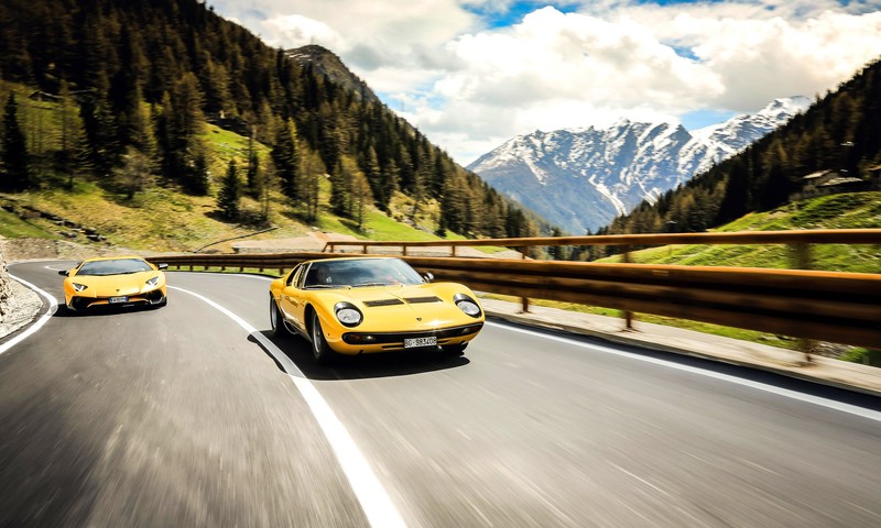 mountains, yellow cars, road, car, vehicle, Lamborghini, Lamborghini Aventador, Lamborghini Miura, pop-up headlights