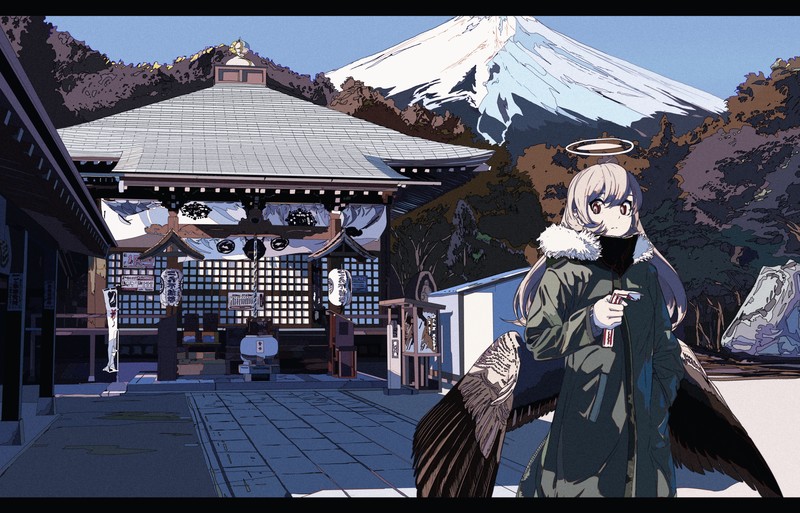 焦茶, anime girls, angel, wings, shrine, mountain top, white, Japan