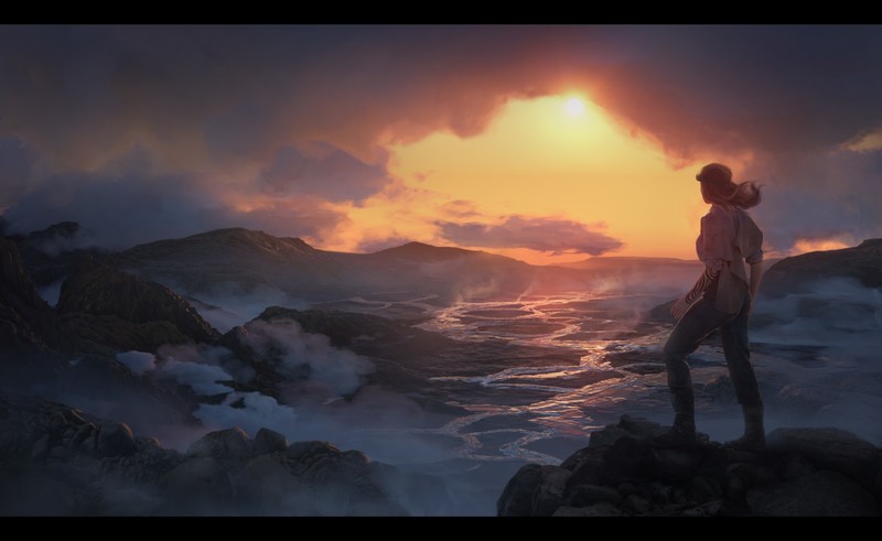 digital, Rene Aigner, artwork, women, landscape, sunset
