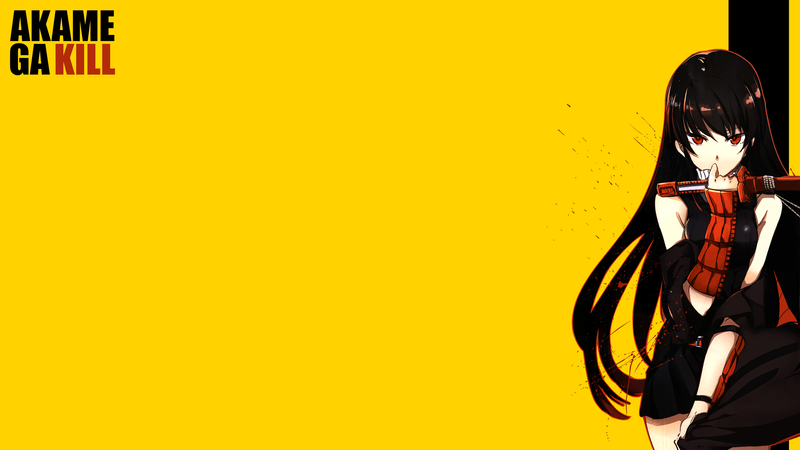 anime, anime girls, yellow, yellow background, white skin, Akame ga Kill!, dark hair, black dress, Akame, Kill Bill, simple, minimalism, simple background
