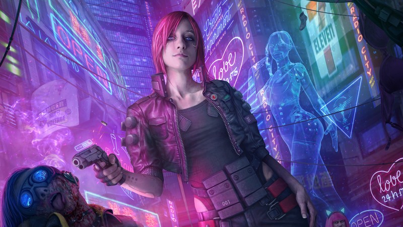 digital art, women, city, futuristic, neon, robot, cyberpunk, fantasy art, artwork, pink hair, gun, Cyberpunk 2077