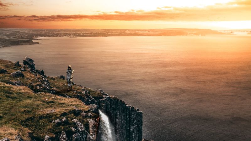 sea, cliff, waterfall, sunset, landscape, 4k