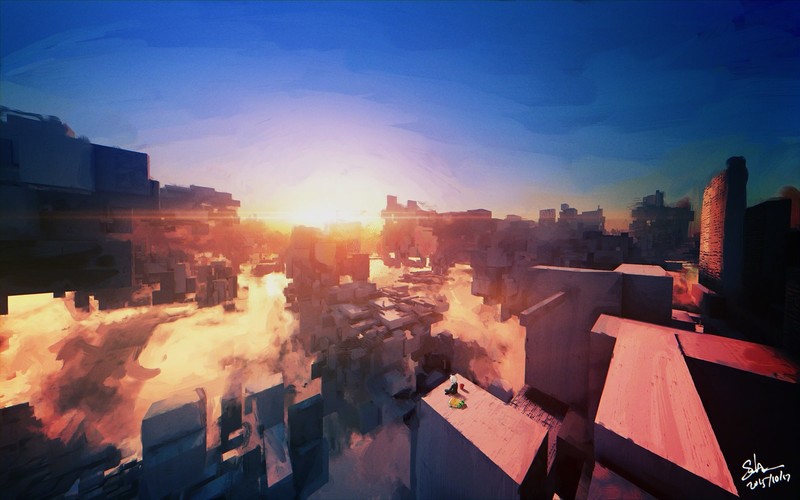 painting, sunset, city, artwork