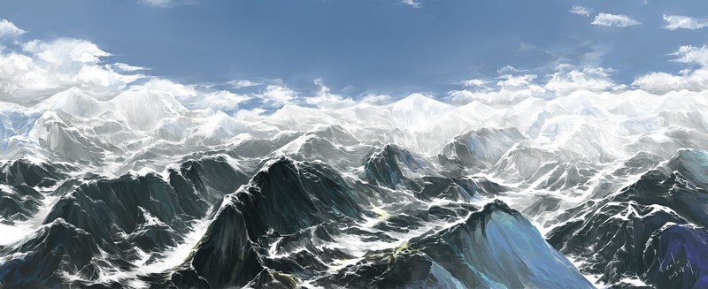 mountains, sky, clouds, drawing, snow, painting, artwork