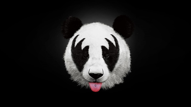 panda, tongues, Kiss (music), humor, pierced tongue, black, black background