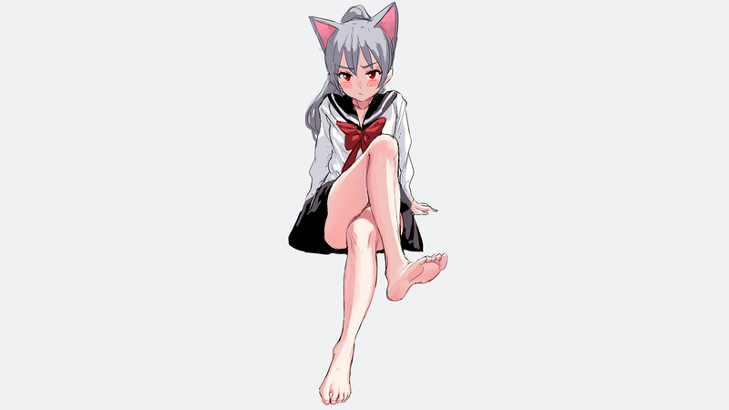 anime, manga, anime girls, simple background, minimalism, nekomimi, cat ears, silver hair, schoolgirl, sailor uniform, feet, legs crossed
