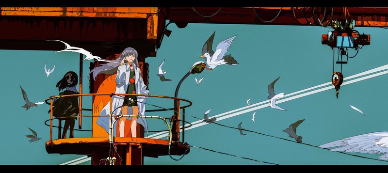 焦茶, seagulls, smoking, anime girls