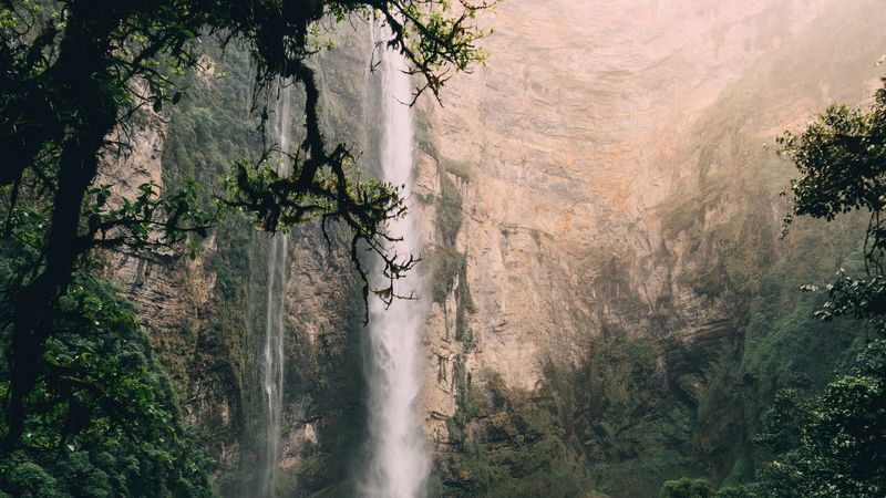 waterfall, cliff, water, spray, fog, 4k