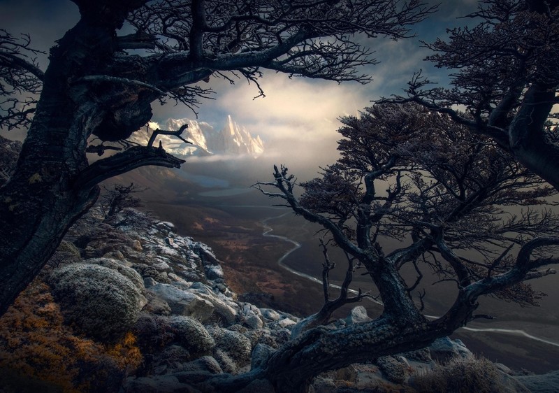 nature, trees, branch, leaves, stones, rock, mountains, valley, landscape, river, clouds, Max Rive, dark