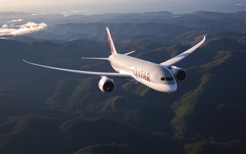 aircraft, airplane, Boeing 787, passenger aircraft, transport, wings, mountains, sunlight
