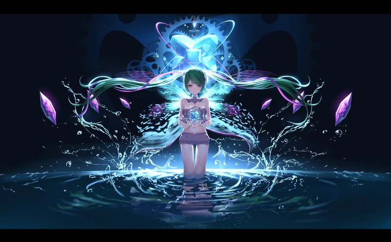 Vocaloid, Hatsune Miku, water, long hair, aqua hair, purple eyes, bare shoulders, belly, navels, shorts, kneeling, black background, anime girls