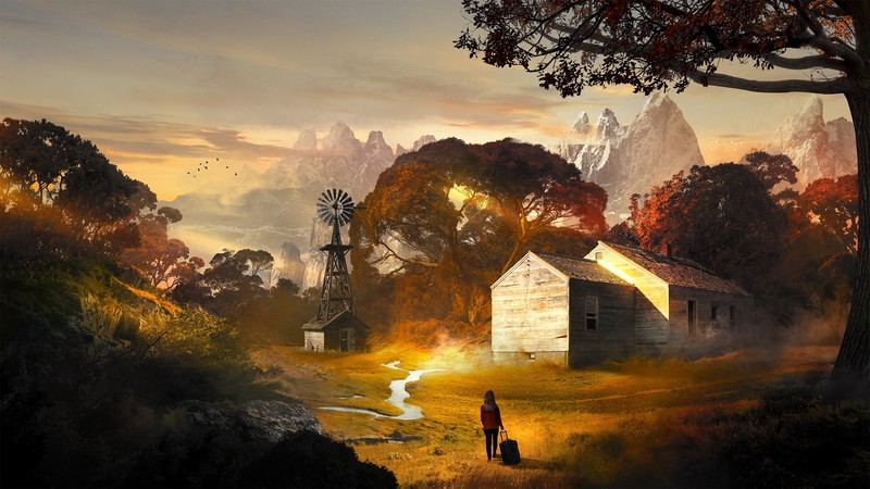 landscape, nature, artwork, mountains, house, trees, suitcase, t1na