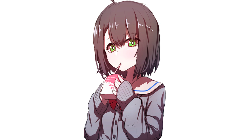 anime, manga, anime girls, simple background, minimalism, drink, green eyes, schoolgirl, short hair