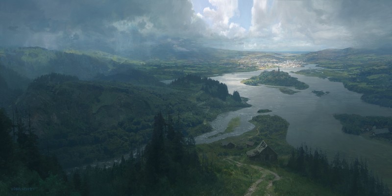 artwork, landscape, Richard Wright, digital, clouds, river, city