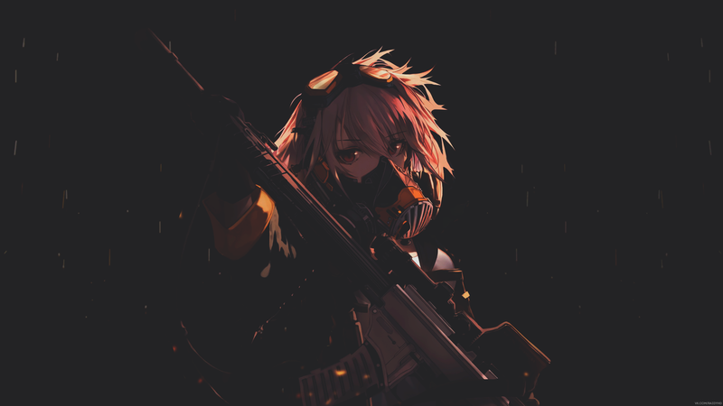 anime, anime girls, mask, dark, weapon, simple background, black background, gun