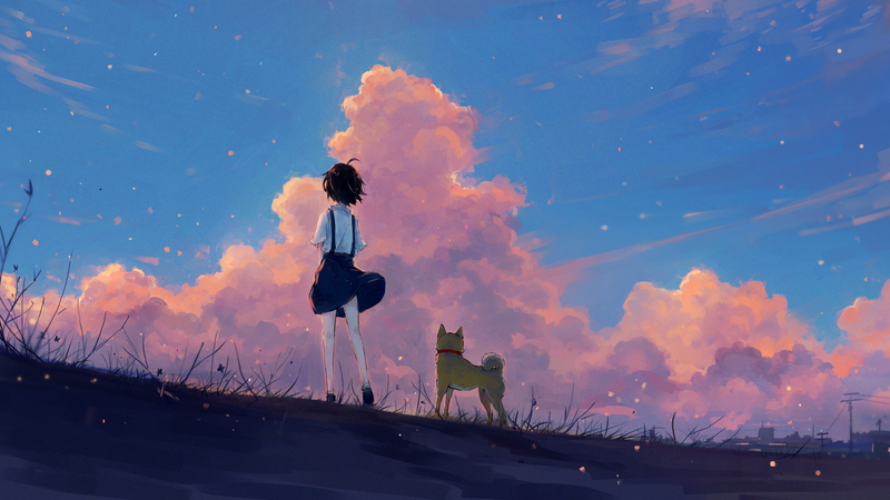 artwork, anime, landscape, painting, fan art, anime girls, dog, illustration