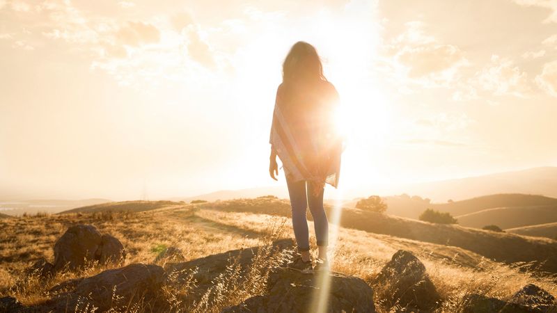 woman, silhouette, sun, light, bright, 4k