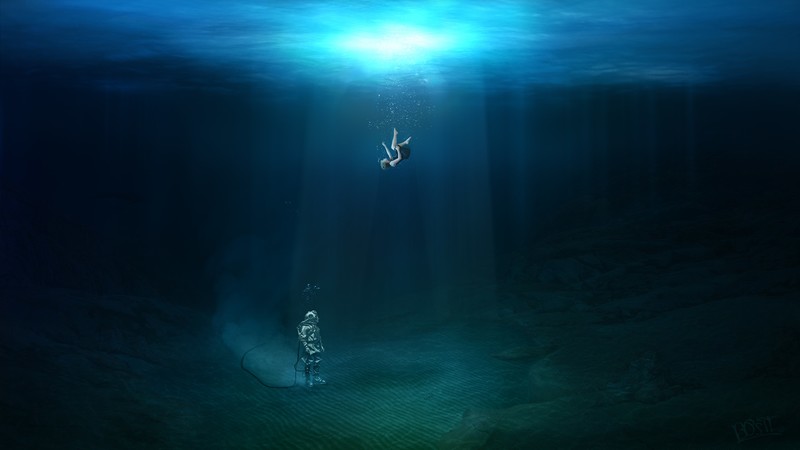 water, underwater, digital art, divers, women, drowning, sun rays, bubbles